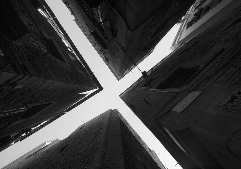 A view from the ground up of tall buildings