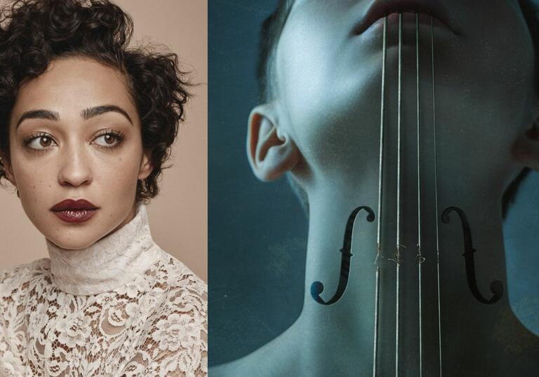 A headshot of Ruth Negga sits beside an artwork where strings from a musical instrument are laid over the neck of a person.