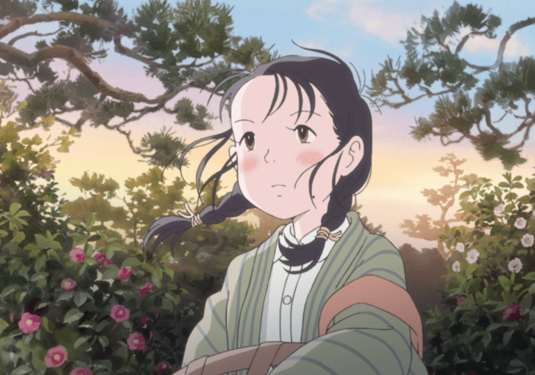 A young girl looks forward in the wind in a forest.