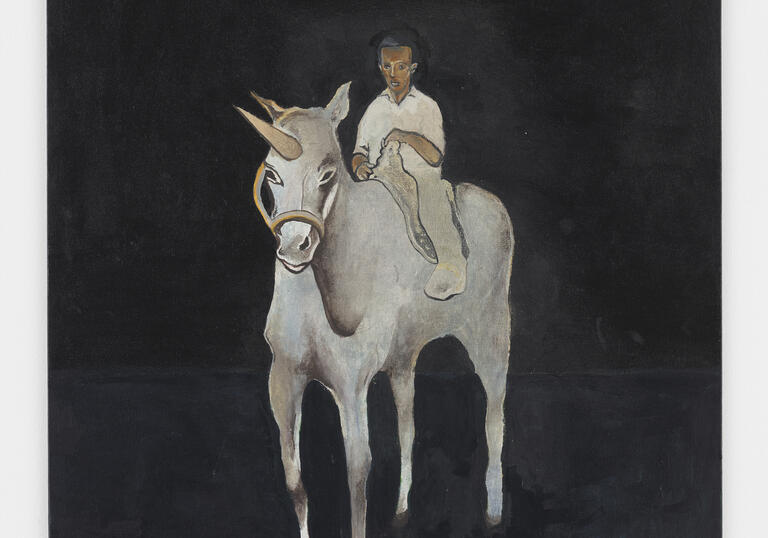A painting of a man riding a white unicorn. The background is entirely black.