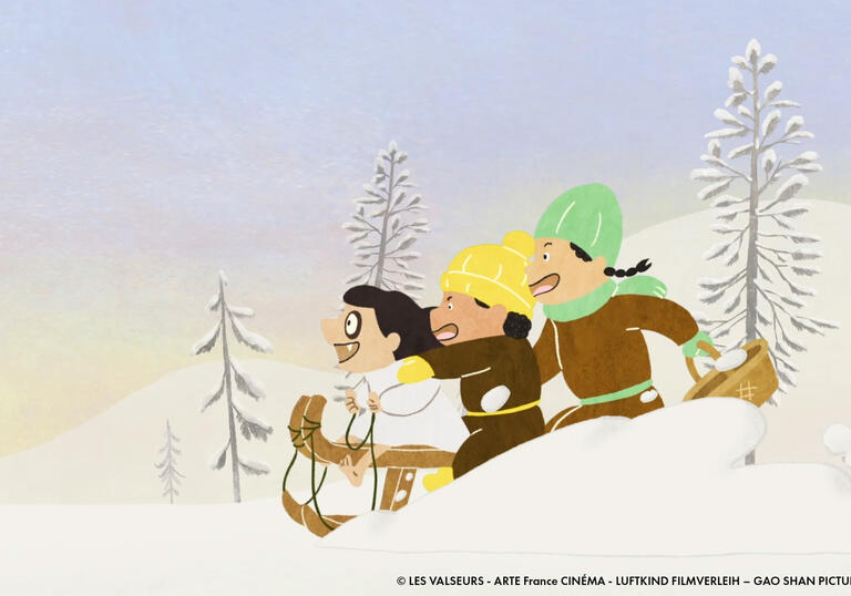 A group of friends ride a sled in the snow, looking very happy.