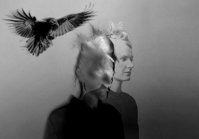 A black and grey image of a bird flying close to a person's head. It looks AI generated.