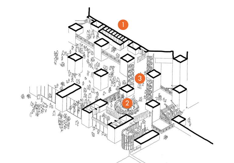 Architectural drawing of the Level 1 foyer relating to points 1, 2 and 3