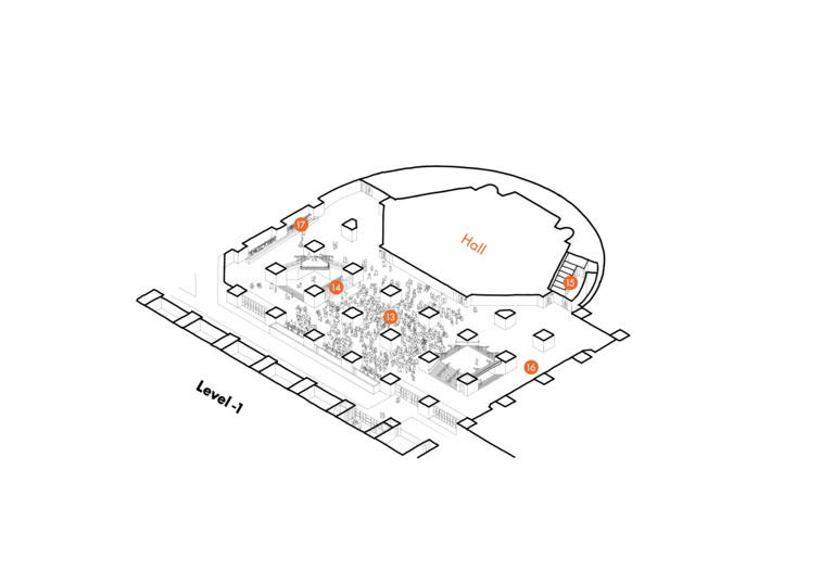 Architectural drawing of Level -1 foyer, displaying location of points 13 to 18