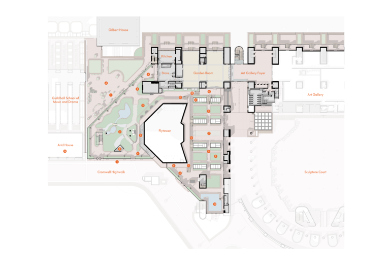 Architectural plan of the Conservatory from above, points 1 to 14