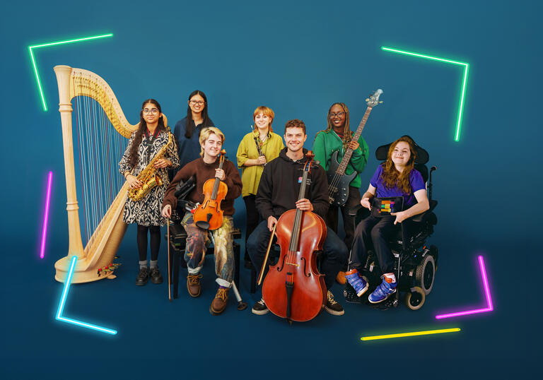 Seven members of the National Open Youth Orchestra holding instruments against a blue background surrounded by neon vectors