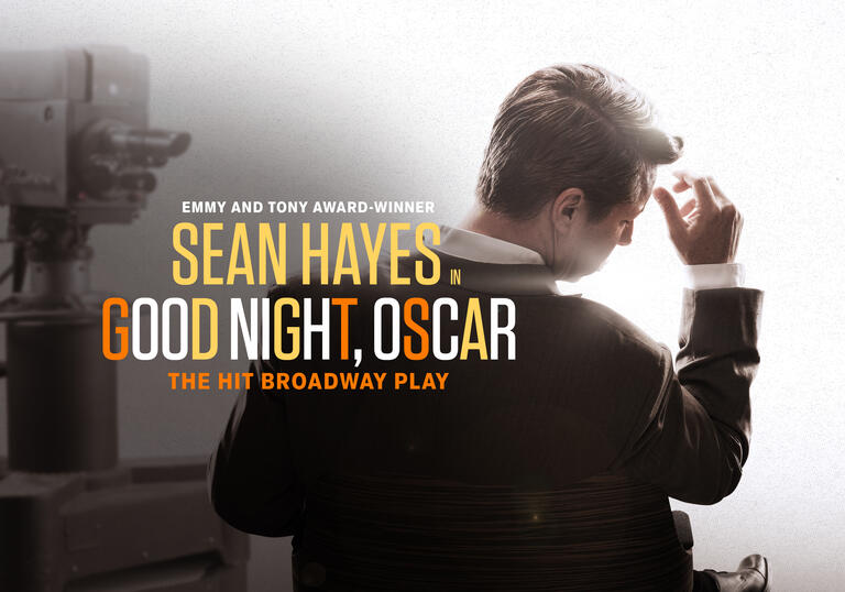 A person wearing a suit looks away from the camera and the words 'sean hayes, good night, oscar the hit broadway play' can be read across the top'