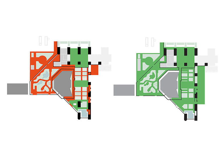 Two layouts of the conservatory, showing accessible routes: the current layout is mostly inaccessible, while the proposed layout is highly accessible