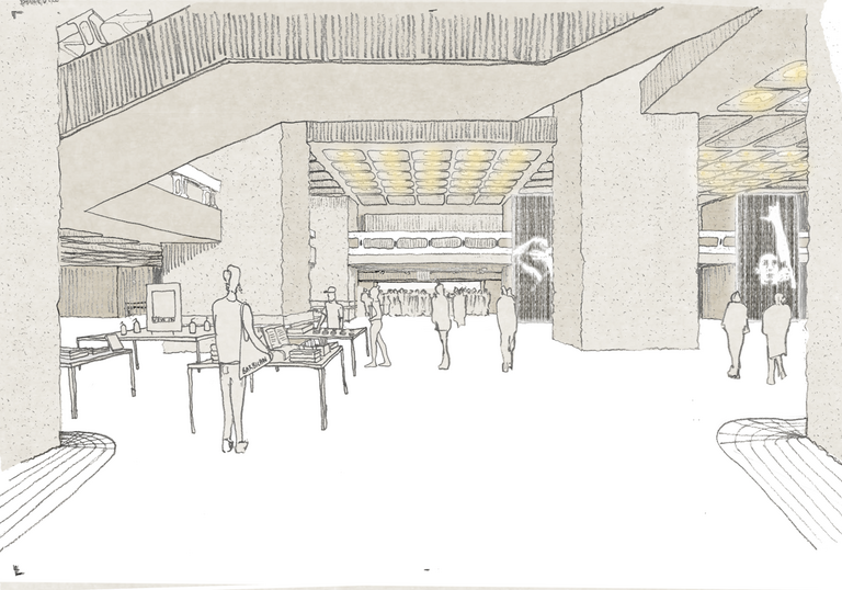 A sketch of the foyers well lit, good furniture used, and good sight lines