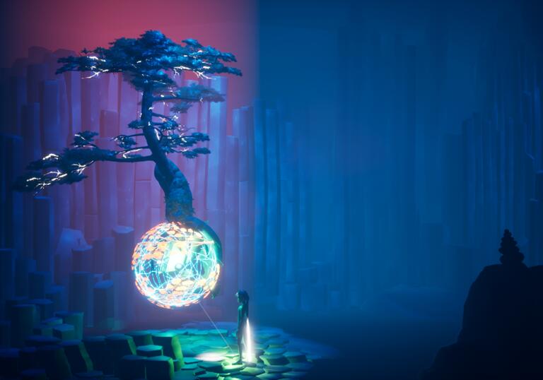 A screenshot from a video game showing a person standing in front of a bright moon and a tree.