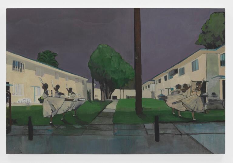Noah Davis's painting titled Pueblo del Rio: Arabesque, depicting six ballerinas dancing on the lawn outside a housing project.