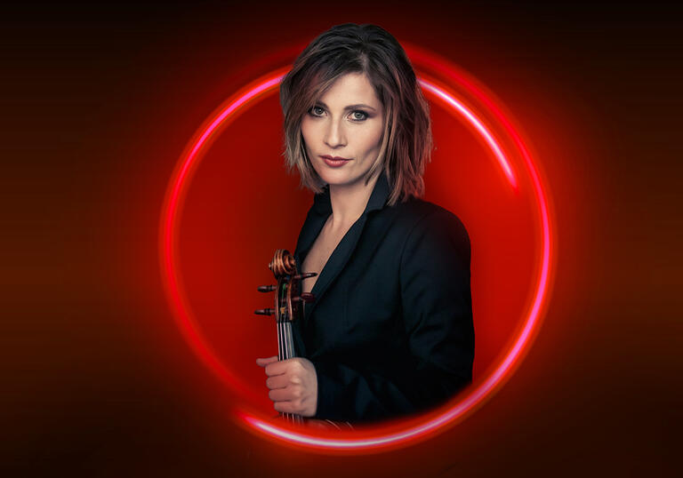 An image of Lisa Batiashvili surrounded by a red circle against a red background