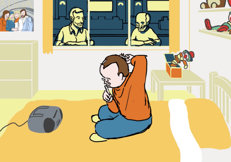 A cartoon drawining of a white man with brown hair sitting on a yellow bed, in front of a radio