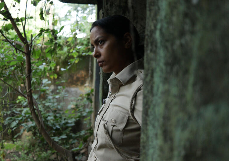 Santosh stares out of a train into a forest