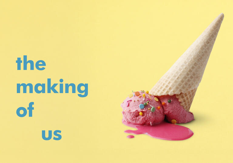 The Making of Us artwork - pink ice cream cone dropped upside down on a yellow background