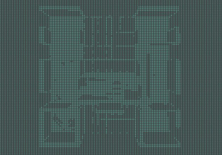 An architectural blueprint composed of tiny 0s and 1s.
