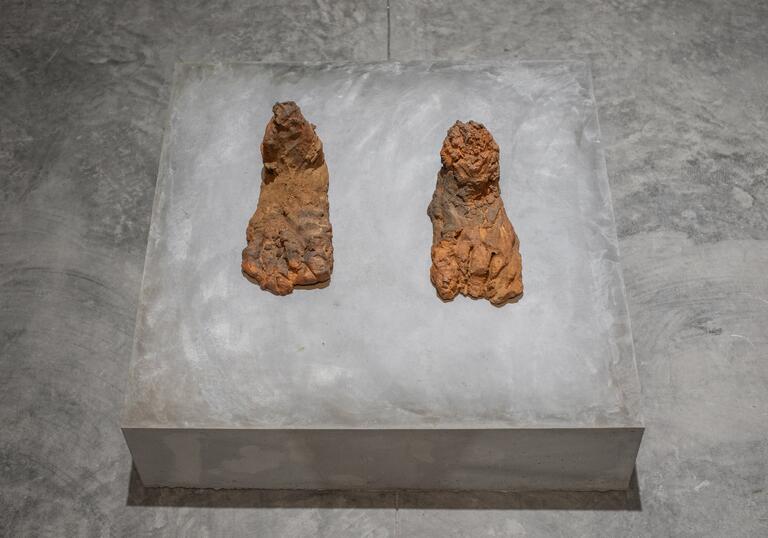 Two terracotta sculptures that resemble human feet, sitting on a concrete plinth.