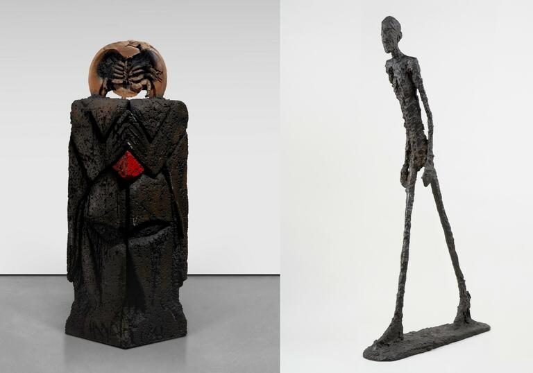 a composite image of a Huma Bhabha and a Giacometti sculpture
