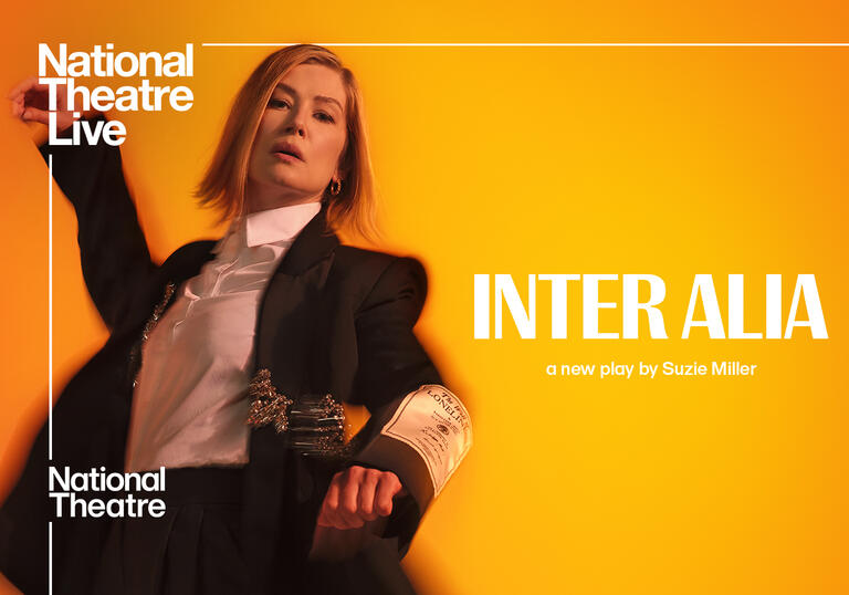 A woman leans back into an orange background in a cover image for Inter Alia by the National Theatre.