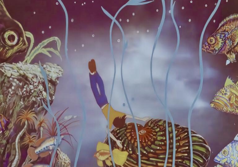 Animated drawing of a person wearing a yellow top and purple trousers floating underwater holding a shell