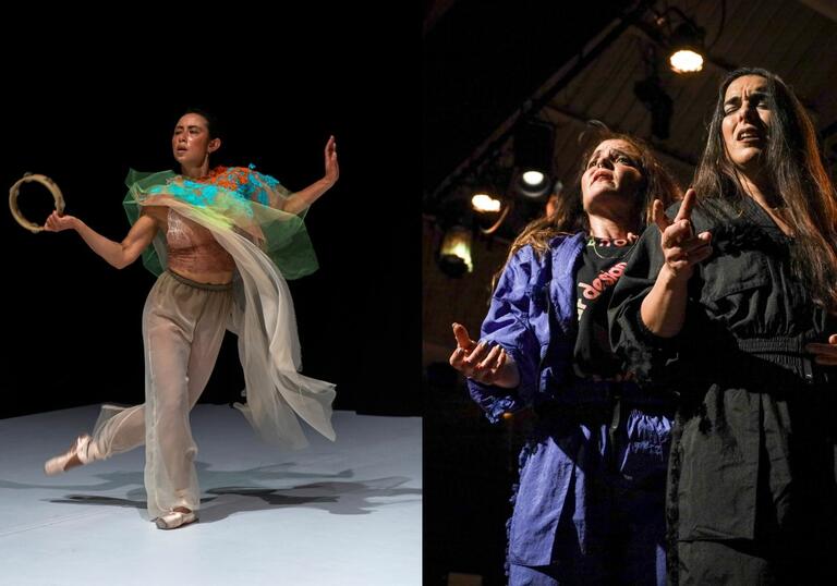 Two images side by side: a dancer performs in siren song and two dancers perform in Random Taranto