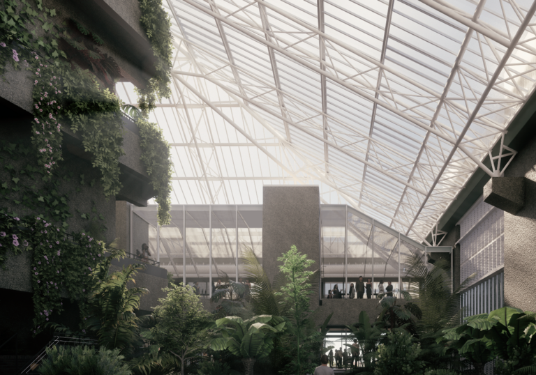A CGI image of the Conservatory showing the glass roof and visitors looking down at plants from the top level