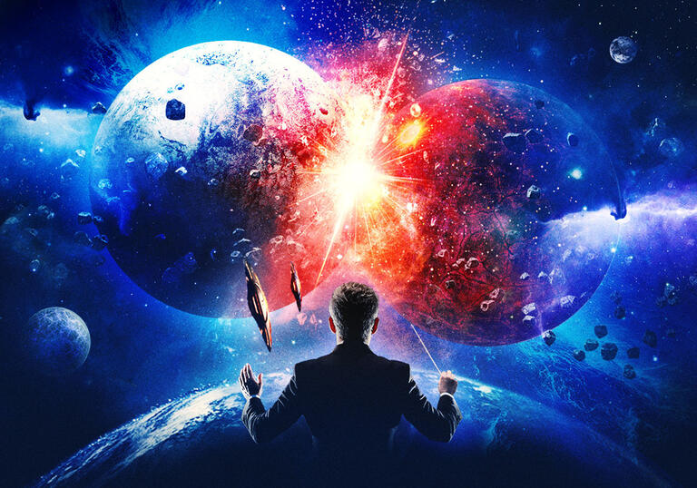 Image of a conductor with their back faced to the camera in the middle of space where two planets are colliding creating a flash of red electricity