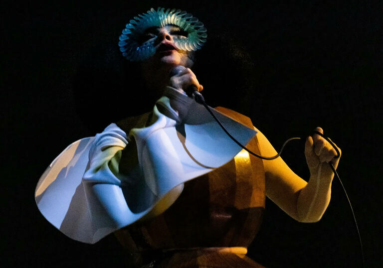Bjork stands on stage singing in a mask