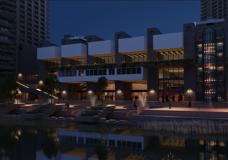 CGI image of the Lakeside in the evening with a few people standing and sitting, with a few lights by the fountains and the outer wall of the Lakeside entrance to the Centre