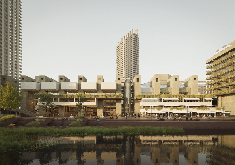 A CGI of a refurbished Lakeside with several people sitting and standing, being by the fountains and sitting under the cafe awnings