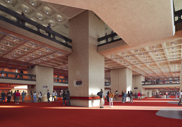 CGI image of the foyers with red carpet and people milling around, hanging out, talking or getting something from the cafe