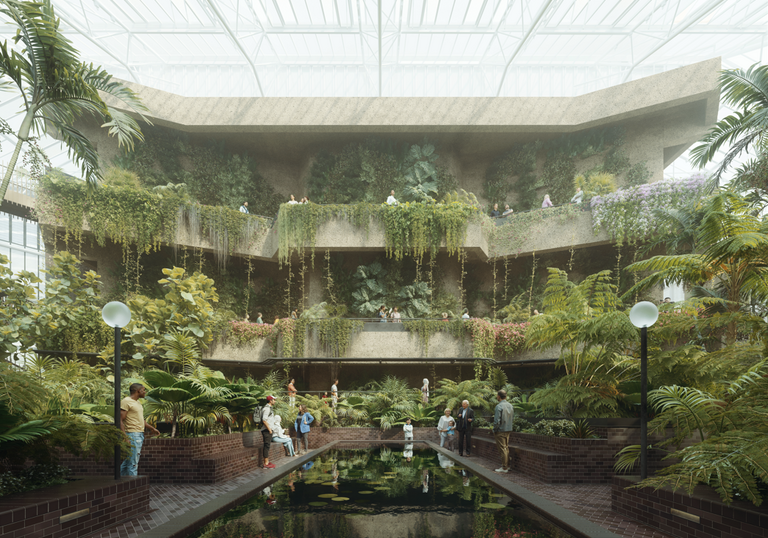 CGI image of a rectangular pond with people seated either side of the long edges, surrounded by lush foliage