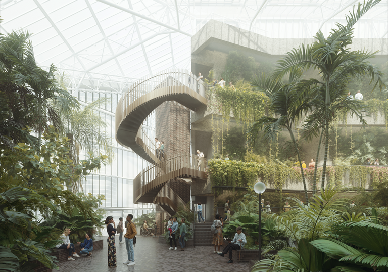 A CGI image of people sitting and standing in an open floor area, near a staircase that takes you to other levels of the Conservatory