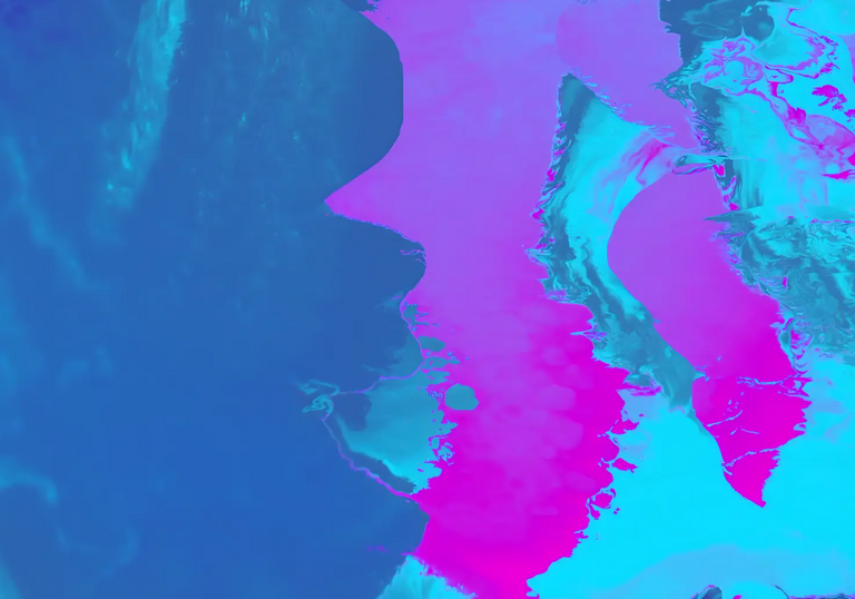 Blue and purple oil-like marks blend into each other, in an abstract image.