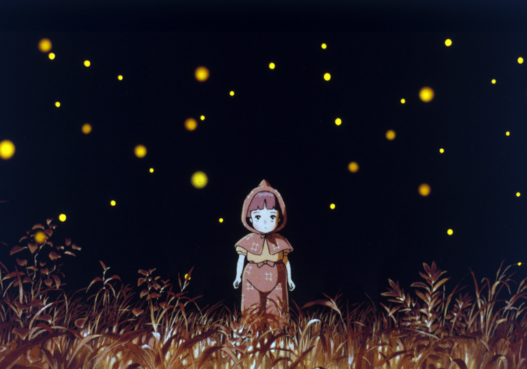 A young girl stands in a dark landscape surrounded by fireflies.