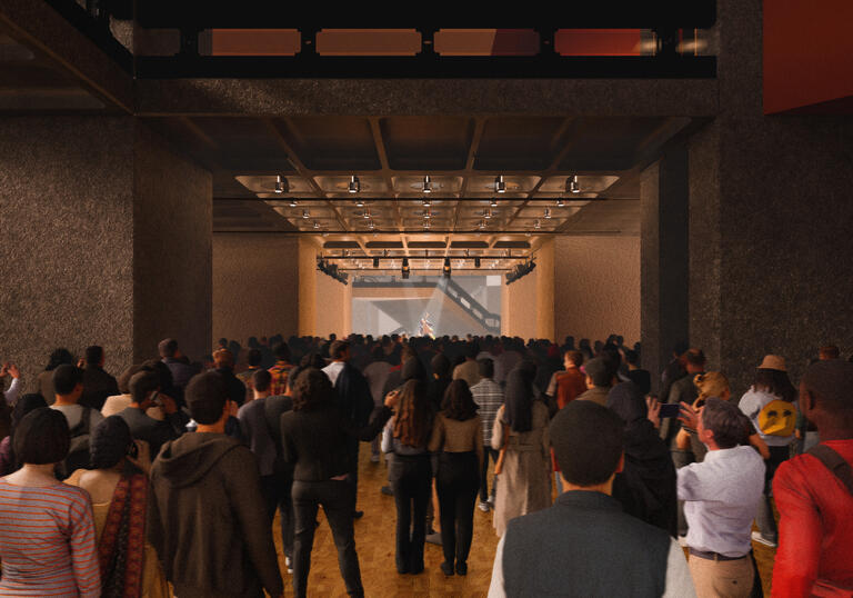 CGI image of a crowd of people looking forward to a spotlighted artist performing on stage straight ahead