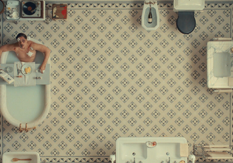 Zsa Zsa sits in a bathtub looking up