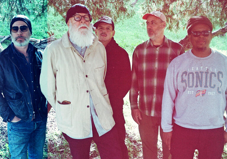 the five band members are standing under a tree on a sunny day