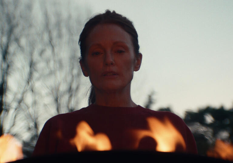 Julianne Moore looks down into fire