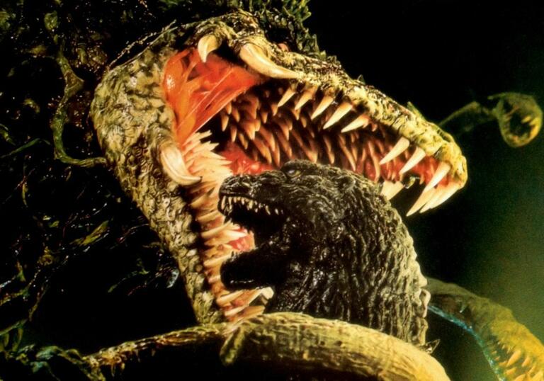 A fight between Godzilla and giant plant monster Biollante