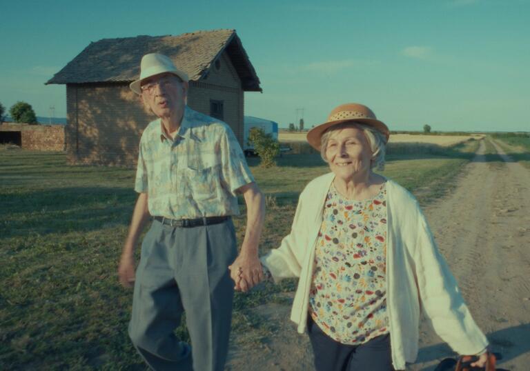 A man and a woman walk down a rural track together, holding hands.