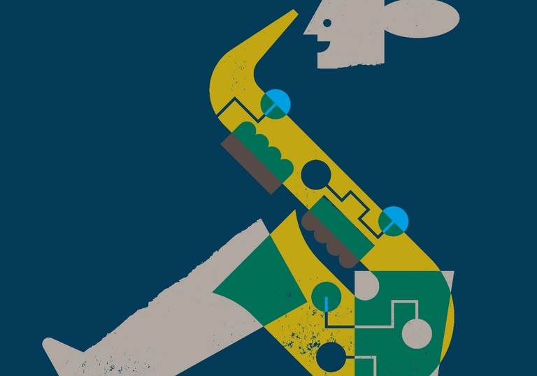 Artwork for Guildhall Jazz Festival 2025 - Abstract illustration of a stylised figure playing a saxophone, composed of geometric shapes in yellow, green, blue, and grey on a dark blue background.