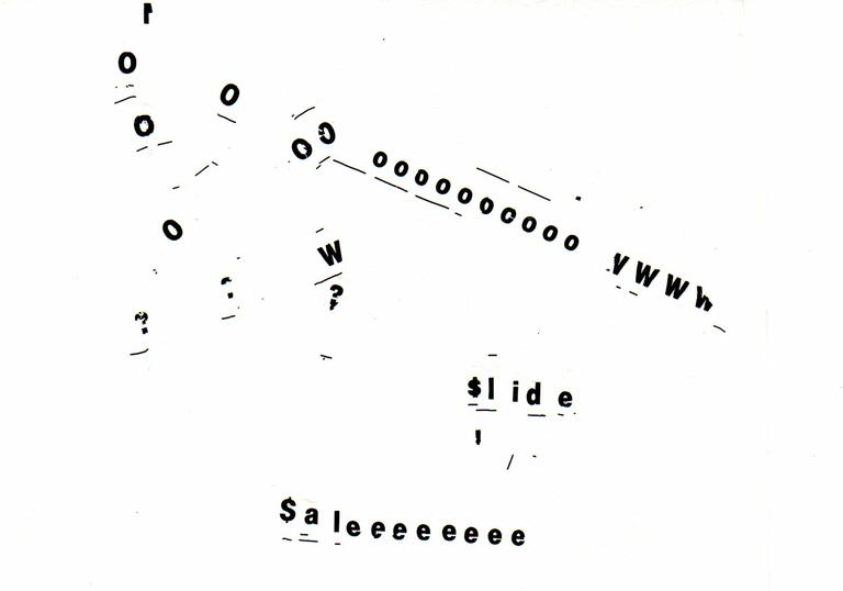 An abstract image of collaged text on a page