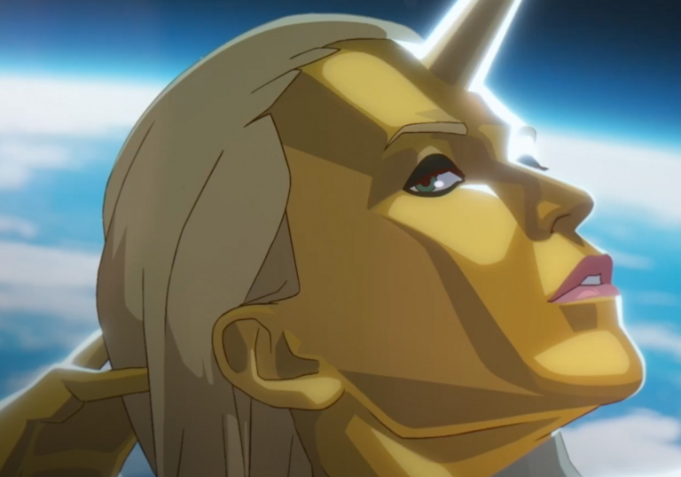An animated person with golden skin
