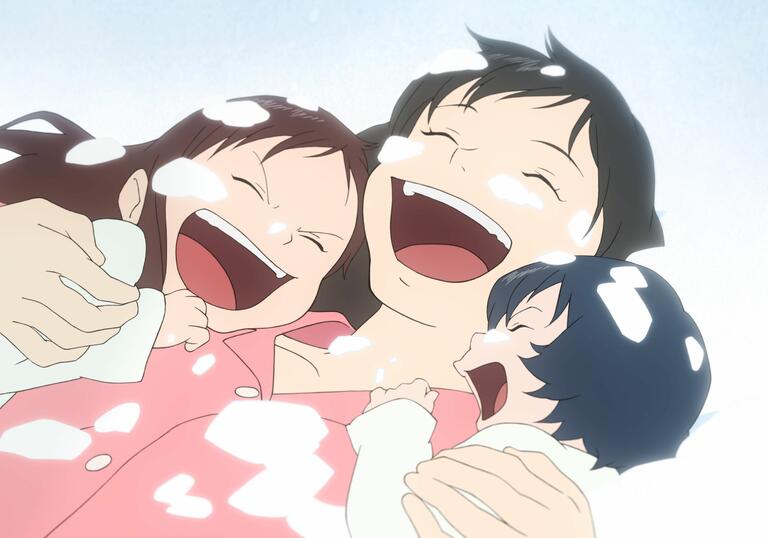 Mother and children in the snow laughing 