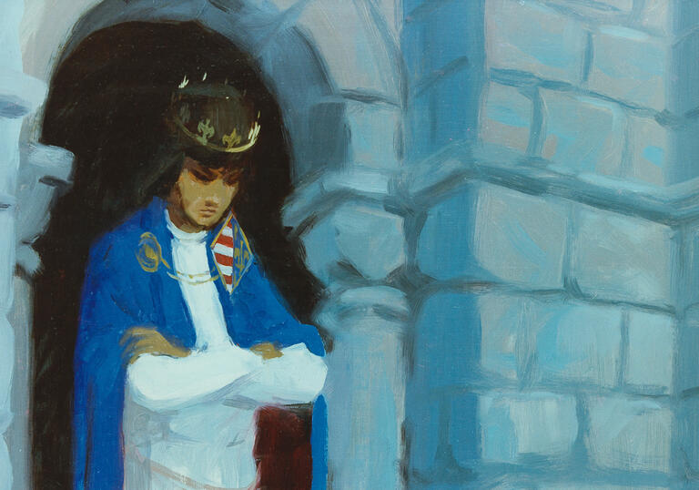 A forlorn looking king stares out the window of a castle