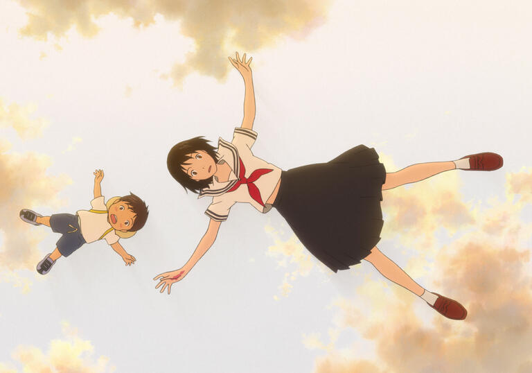 A school girl and a young boy falling from the sky