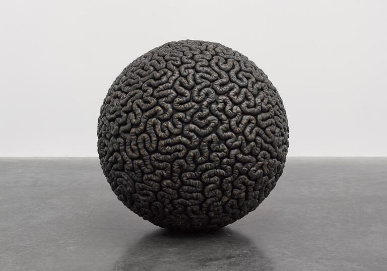 Mona Hatoum's sculpture Inside Out. It's a dark grey sphere made of bronze, with what resembles intestines covering the surface.
