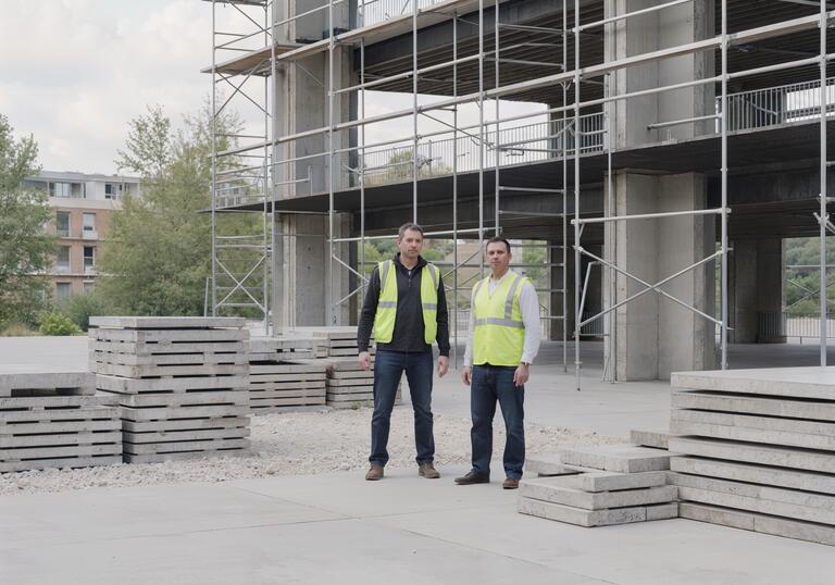 Two men in high vis jackets, standing in front of a high rise in construction.