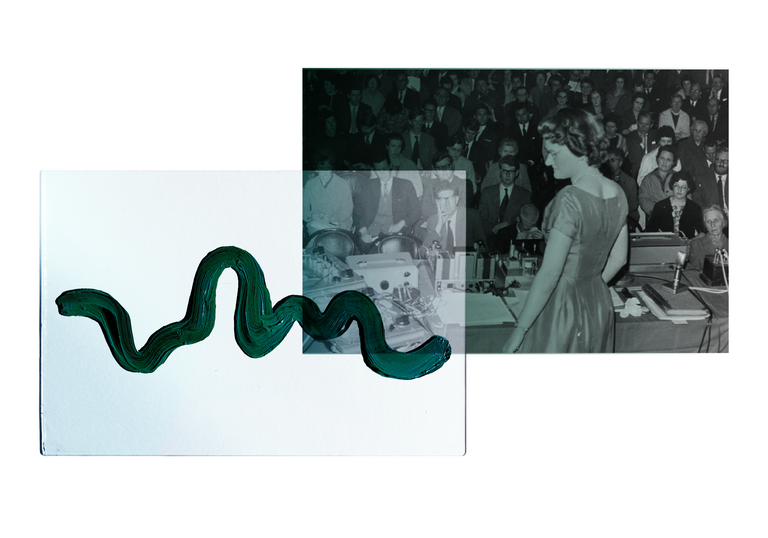 An image of Daphne Oram playing electronic music in front of a crowd
